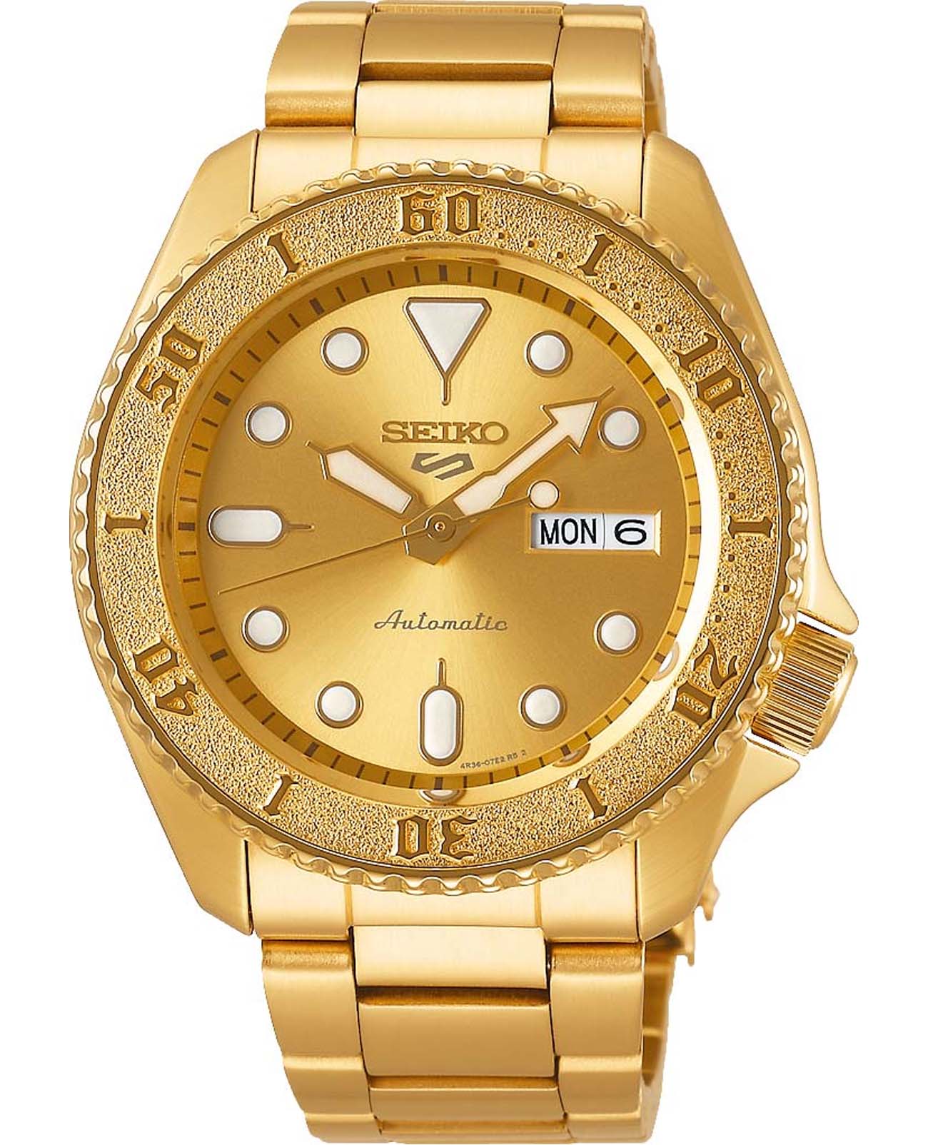 Seiko Seiko 5 Sports SRPE74K1  SRPE74K1 механические мужские часы золотой циферблат, браслет нержавеющая сталь с pvd-покрытием — вид спереди